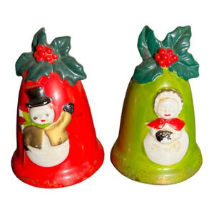 Vtg Red Green Christmas Snowman Bells Holly Salt‎ Pepper Shakers Lefton Japan